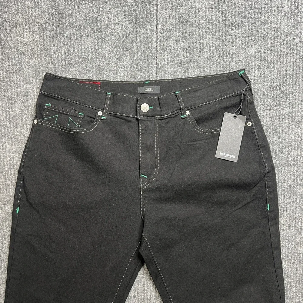 NWT True Religion Mens 36 Geno SN Slim Jeans Black Rinse Green Stitching 700386‎